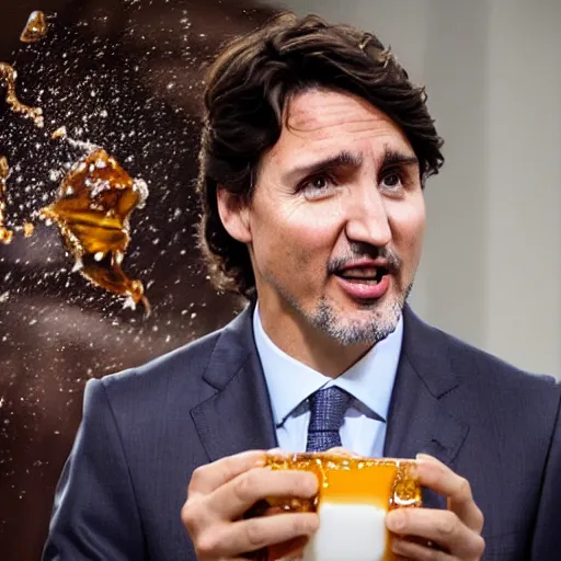 Image similar to justin trudeau covered in maple syrup, it is sticky and dripping