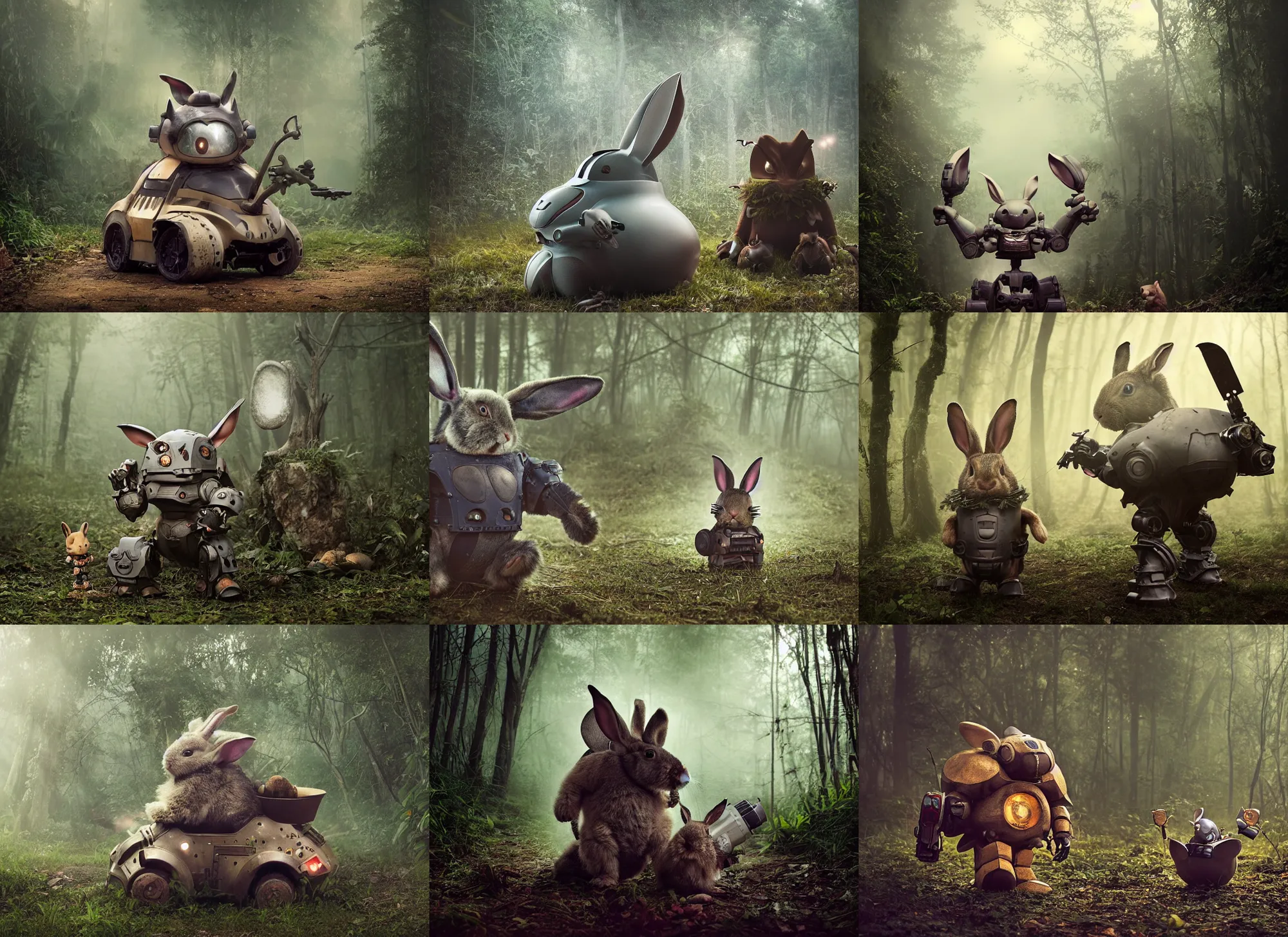 Prompt: dark night oversized battle rabbit robot chubby fatmech trailer bucket bowl vehicle with big ears with rabbit sitting inside, in jungle forest, full body, nighttime, cinematic focus, technicolor photo, vintage, neutral dull colors, soft lights, foggy, overcast by oleg oprisco, by thomas peschak, by discovery channel, by victor enrich, by gregory crewdson