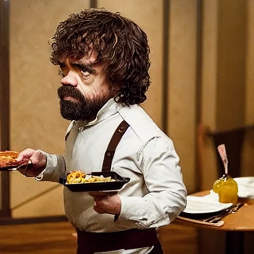 Image similar to “ film still of peter dinklage ordering food on stilts at an olive garden ”