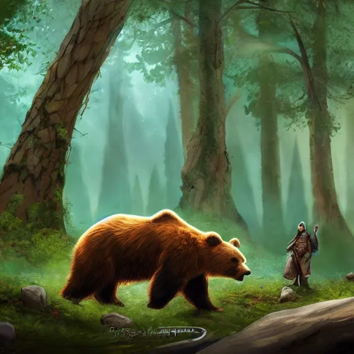 Image similar to druid summoning bears in the forest, d & d inspired, trending on artstation, ultra fine detailed, hyper detailed, hd, concept art, digital painting