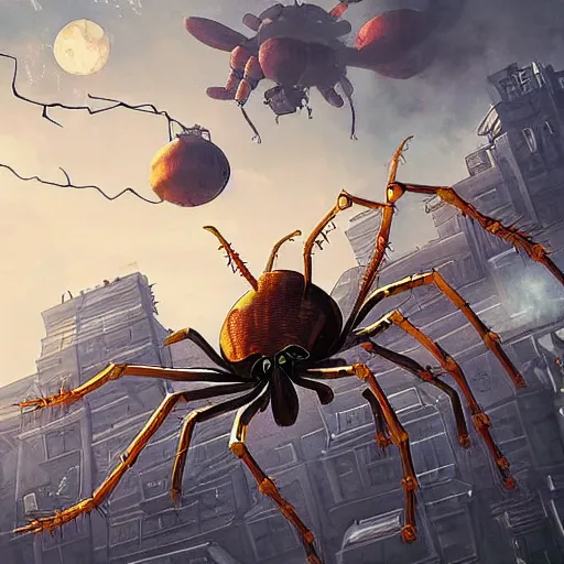 Image similar to a giant steampunk spider attacking a city, defense cannons can be seen trying to shoot it down, studio ghibli, anime, extremely detailed, intense, cinematic drone shot, cinematic lighting,