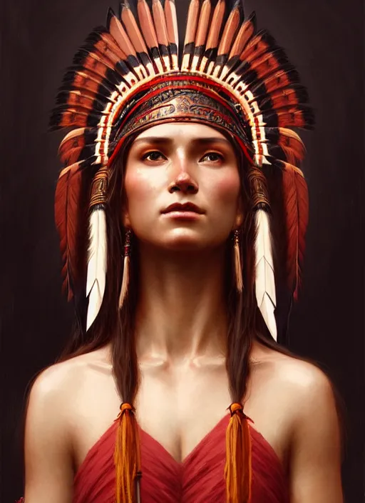 Image similar to gorgeous redskin woman wearing headdress, intricate, elegant, highly detailed, artstation, concept art, smooth, sharp focus, illustration, art by greg rutkowski and stefan kostic and bouguereau