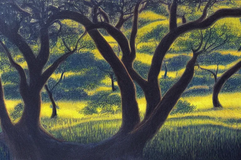 Prompt: masterpiece painting of oak trees on a hillside overlooking a creek, dramatic lighting, by hiro osono