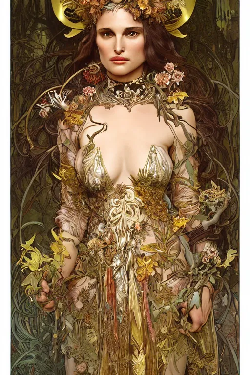 Prompt: natalie portman as queen of the jungle, painted by nekro, alphonse mucha, dark - fantasy, intricate detail, artstation, cgsociety, rococo, gold leaf art