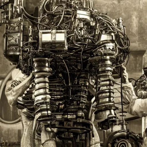 Image similar to a man with engines growing out of his back, man engine, man and machine