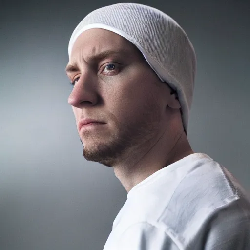 Image similar to closeup portrait of eminem converts to islam, depth of field, zeiss lens, detailed, symmetrical, centered, fashion photoshoot, by Annie Leibovitz and Steve McCurry, David Lazar, Jimmy Nelsson, Breathtaking, 8k resolution, extremely detailed, beautiful, establishing shot, artistic, hyperrealistic, beautiful face, octane render