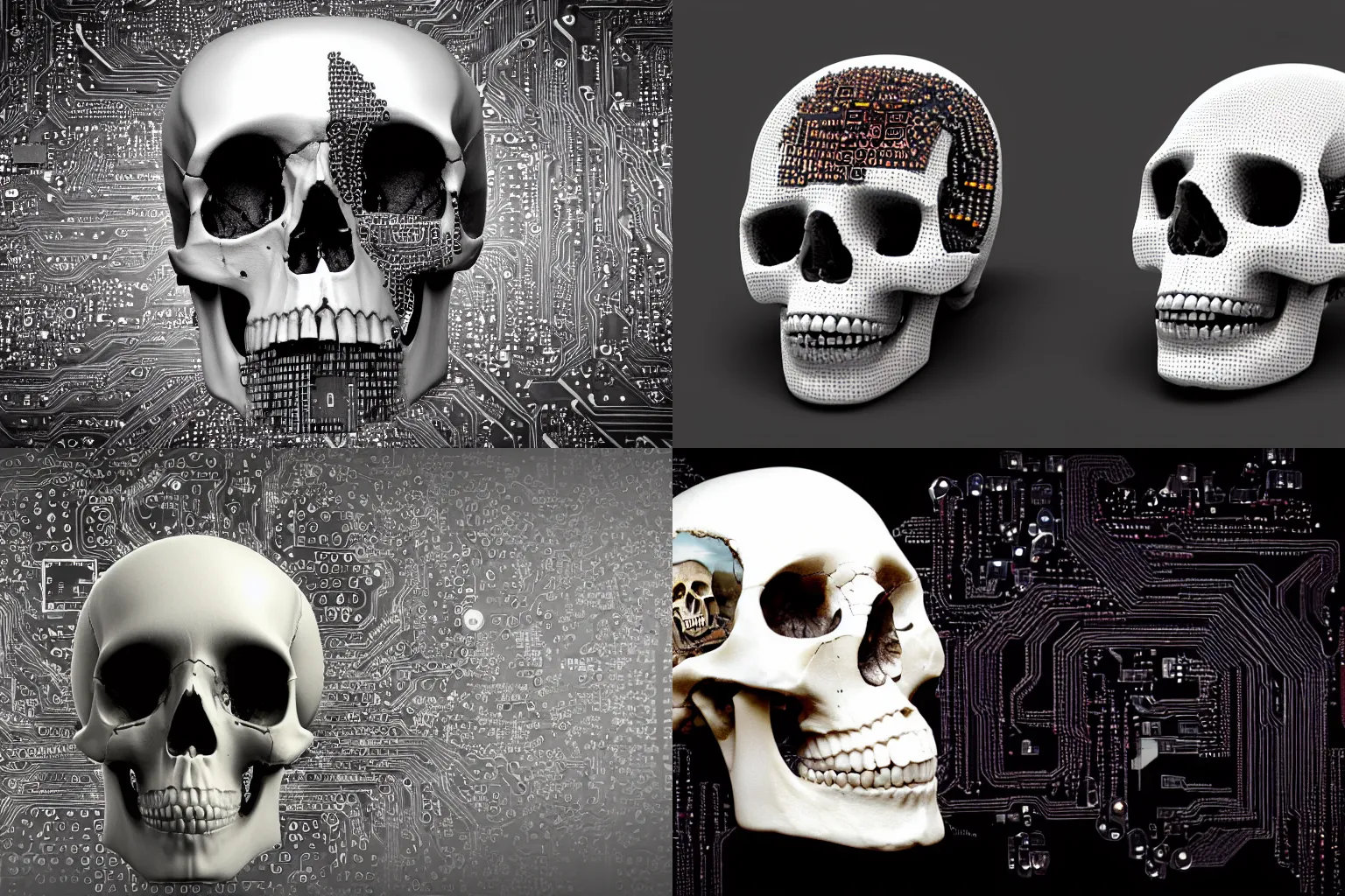 Prompt: human skull decorated with computer chips and circuits, 4K photo