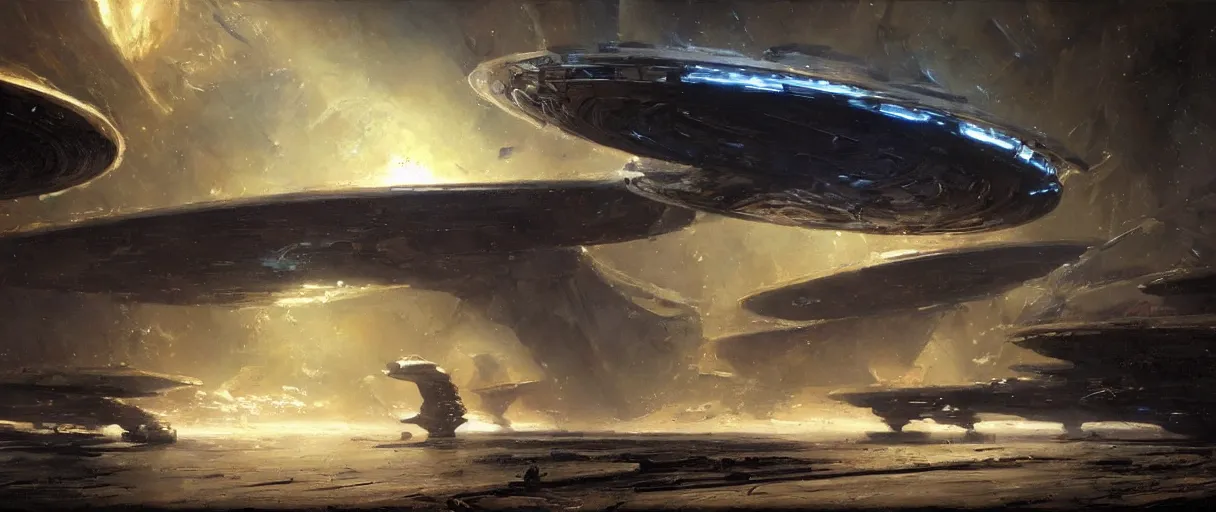 Image similar to A beautiful oil painting of a huge alien starship by Craig Mullins; beautiful; beautiful; beautiful; beautiful; beautiful; beautiful; beautiful