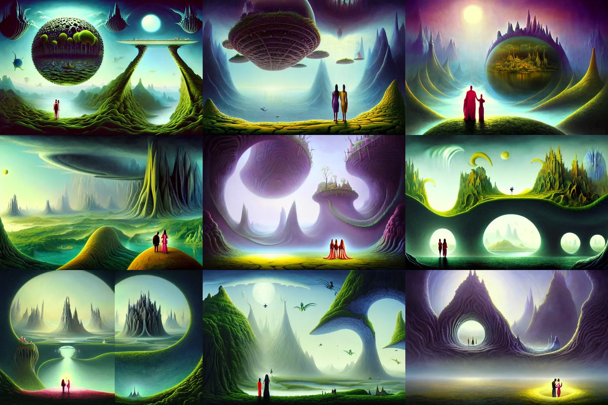 Prompt: a beautiful epic stunning amazing and insanely detailed matte painting of alien dream worlds with surreal architecture designed by Heironymous Bosch, a couple holds hands watching the landscape, mega structures inspired by Heironymous Bosch's Garden of Earthly Delights, vast surreal landscape and horizon by Cyril Rolando and Andrew Ferez, rich pastel color palette, masterpiece!!, grand!, imaginative!!!, whimsical!!, epic scale, intricate details, sense of awe, elite, fantasy realism, hyperrealism complex composition