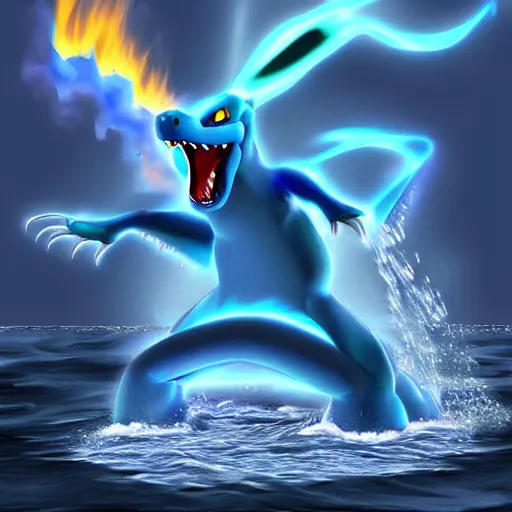 Prompt: a blue Charizard with water powers, digital art, realistic,ocean background