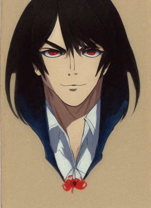 Image similar to portrait by studio gainax, handsome male vampire, focus on face, long black hair, dark blue shirt, light brown coat, red - eyes,