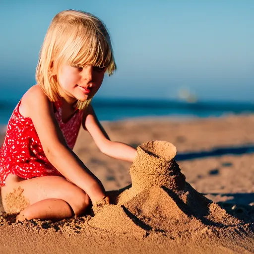 Prompt: little blond girl, making a sandcastle!!! on an Australian Beach, (((red)))!!! sand, shovel, waves, golden hour, Canon EOS R3, f/1.4, ISO 200, 1/160s, 8K, RAW, unedited, symmetrical balance, in-frame