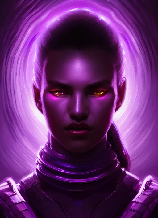 Prompt: top down lighting, extreme close up, stunning portrait of a woman in purple leather future armor with a long black ponytail, purple eyes, glowing with void energy, spaceship hallway, intricate, mood lighting, highly detailed, digital painting, artstation, concept art, smooth, sharp focus, illustration, art by wlop, mars ravelo and greg rutkowski