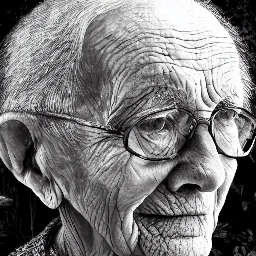 Image similar to portrait painting of the oldest person ever, garden, photorealistic, extreme detail, sharp focus, 8 k, intricate, hyper detailed, realistic, cinematic lighting