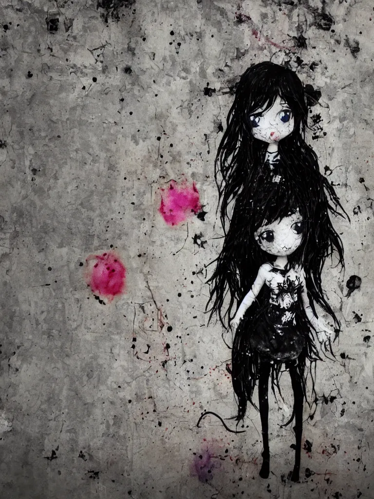 Prompt: cute fumo plush gothic black enigmatic maiden girl painted in spilt ink and washed watercolor, avant garde pop art, graffiti in an abandoned overgrown warehouse, vray