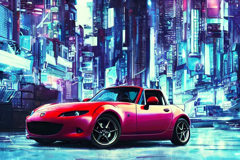 Prompt: photo of a mazda miata im a cyberpunk city, cyberpunk cityscape, futuristic, digital art