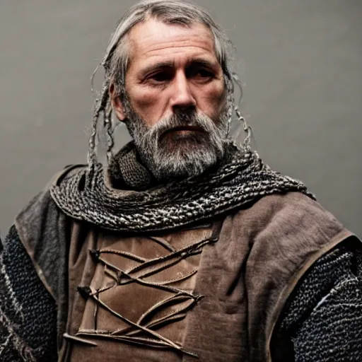 Image similar to A film still of a man wearing a dark grey quilted medieval gambeson with small metal plates woven in with tattered string and cable, also wearing a torn, worn scary made of many colors of layered linen. Full body Wide shot