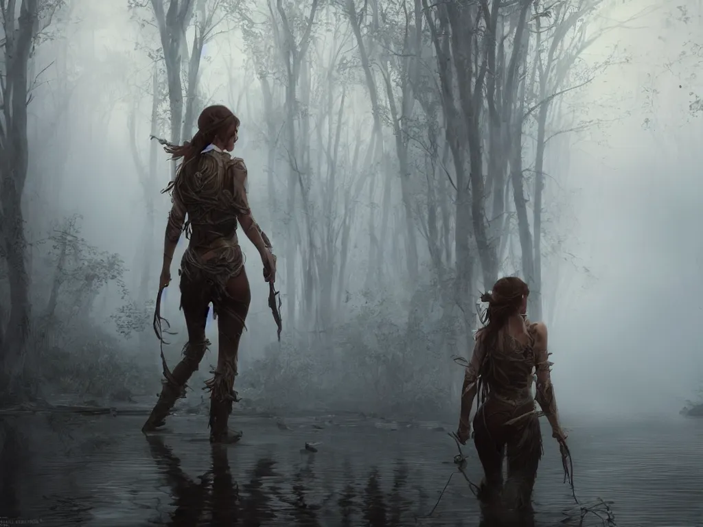 Prompt: hunter woman walking across foggy river, unreal engine 5, art by artgerm and greg rutkowski and alphonse mucha, global illumination, detailed and intricate environment, hyperrealistic, volumetric lighting, epic cinematic shot, perfectly defined features, ambient occlusion