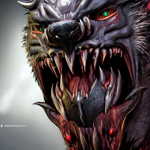 Image similar to a digital art close up portrait of werewolf demon from warhammer, scary werewolf character sheet, 4 k, ultra detail, volumetric lighting, unreal engine, octane render