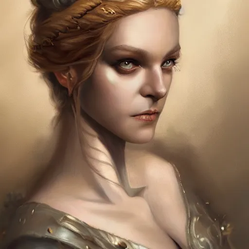 Image similar to a detailed matte head - on portrait painting of an middle - aged half - tiefling noblewoman with golden eyes and short well kept hair, by charlie bowater, lise deharme, wlop, tending on arstation, dungeons and dragon, dnd, pathfinder, fanart, oil on canvas