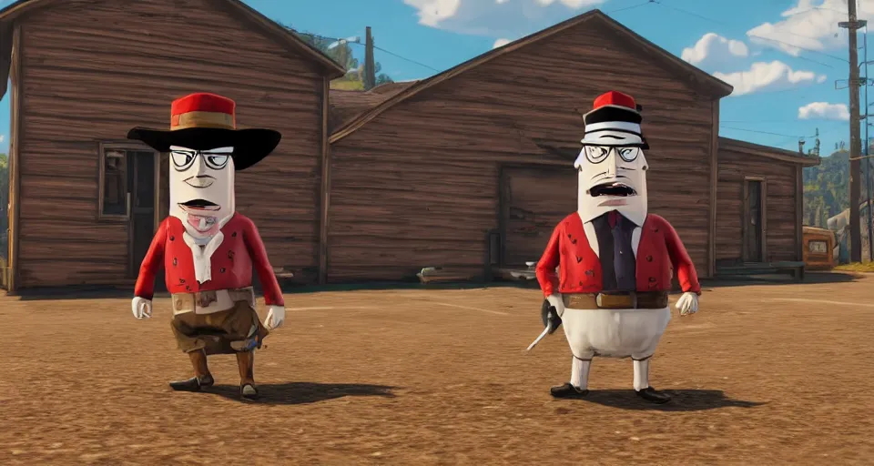 Prompt: Screenshot of Master Shake from Aqua Teen Hunger Force as a 3d cowboy in full cowboy attire in the videogame 'Red Dead Redemption 2'. Sharpened. 1080p. High-res. Ultra graphical settings.