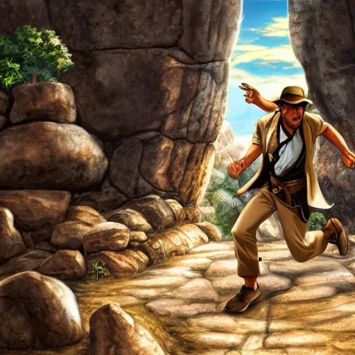 Prompt: Indiana Jones being chased by a boulder trap, boulder chase, underground ancient stone temple background, Indiana Jones running away from big round stone, raiders of the lost ark, detailed background, anime key visual