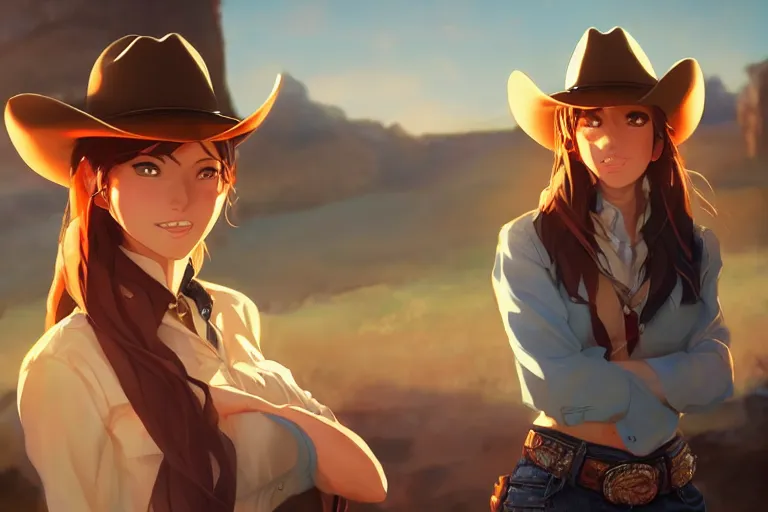 Image similar to cowgirl western girlfriend, scenic full shot, ambient lighting, detailed face, by makoto shinkai, stanley artgerm lau, wlop, rossdraws