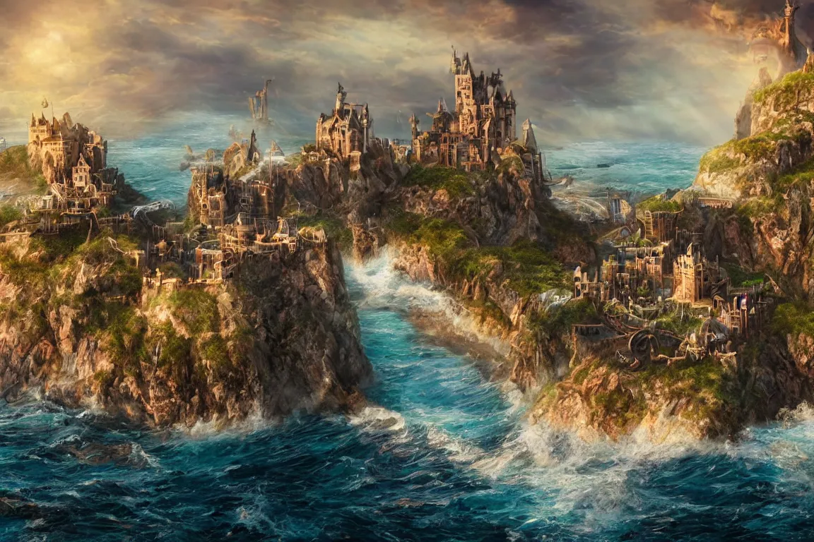 Prompt: an epic fantastic realism painting of a castle city being devoured by the ocean, 8 k, ultra realistic, lens flare, atmosphere, glow, detailed, intricate, full of colour, cinematic lighting, trending on artstation, 4 k, hyperrealistic, focused, extreme details, unreal engine 5, cinematic, masterpiece