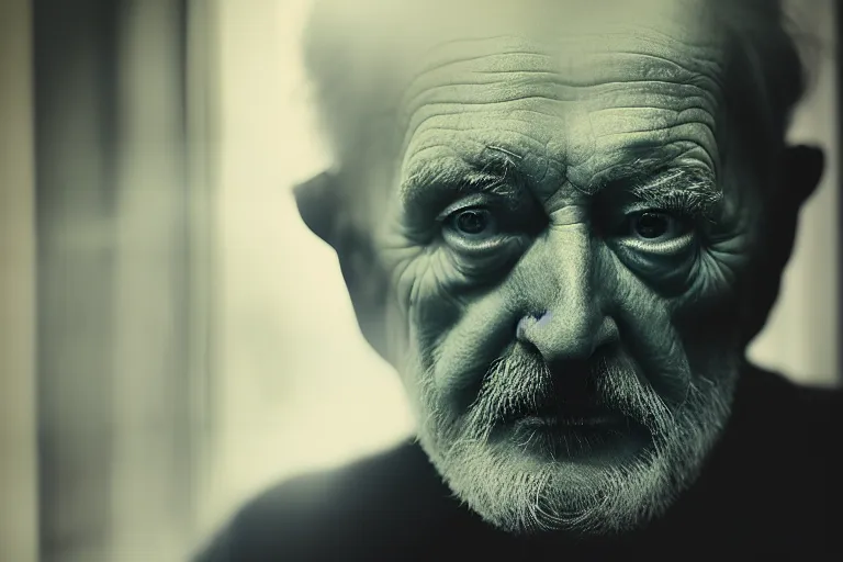 Prompt: a cinematic, headshot portrait, of an old man, looking in the window, fantasy, dramatic, soft light, dreamy, facial features, detailed, deep focus, movie still, dramatic lighting, ray tracing, by hendrik kerstens and paolo roversi