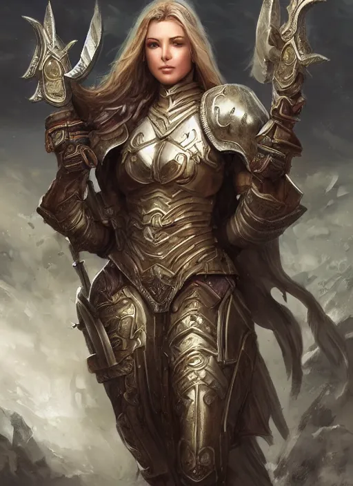 Image similar to a strong female paladin, full body, 8 k, hyperrealistic, hyperdetailed, fantasy portrait by laura sava