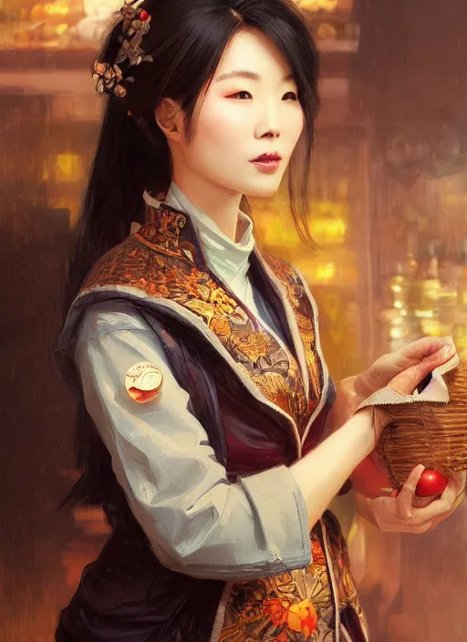 Image similar to beautiful grocery chinese woman in coat ， winer ， wenjun lin intricate, elegant, highly detailed, digital painting, artstation, concept art, matte, sharp focus, illustration, hearthstone, art by artgerm and greg rutkowski and alphonse mucha