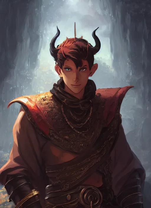 Prompt: a portrait of a male tiefling warrior, d & d, fantasy, intricate, tone mapped, ambient lighting, highly detailed, digital painting, artstation, concept art, 4 k, god rays, stunning beautiful, glowing eyes, sharp focus, by makoto shinkai and akihiko yoshida and hidari and wlop