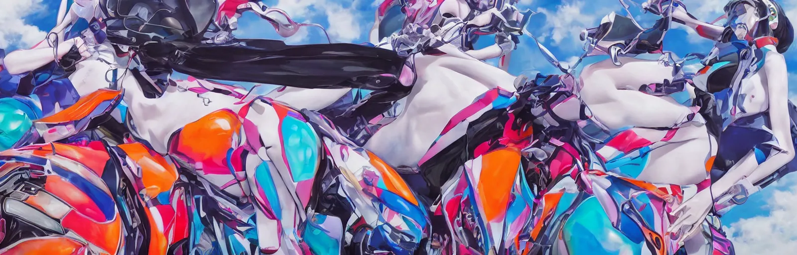 Image similar to billboard advertisement with an extremely beautiful photo of a white marble statue of an anime girl with colorful motocross logos and motorcycle helmet with closed visor, colorful smoke in the background, carved marble statue, fine art, neon genesis evangelion, virgil abloh, offwhite, denoise, highly detailed, 8 k, hyperreal