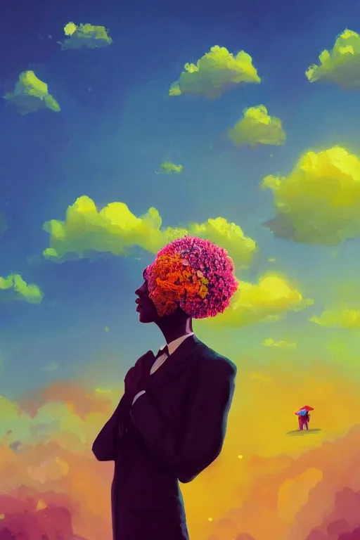 Image similar to closeup, giant flower as head, black woman in suit, surreal photography, golden hour, colorful clouds, impressionist painting, digital painting, artstation, simon stalenhag