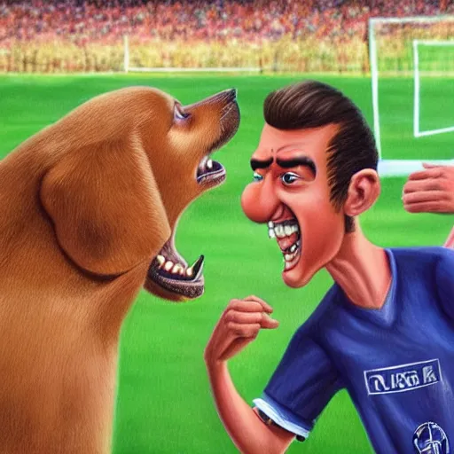 Image similar to beautiful lifelike painting of two bros having a sick time at rival soccer match in dog world, hyperreal detailed facial features and uv lighting, art by ed roth and basil wolverton