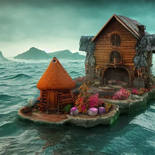 Image similar to a witches house made out of realistic candy on the ocean, epic scene, fantasy, redshift render, cgi, hyper - detailed, photo - bash, 8 k post - production, masterpiece