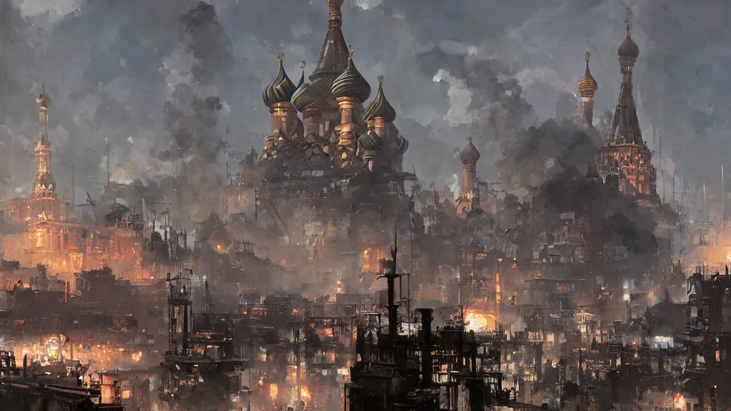 Image similar to russian revolution dieselpunk 1 9 1 0 cityscape, painting by greg rutkowski, craig mullins, levitan, rozalski