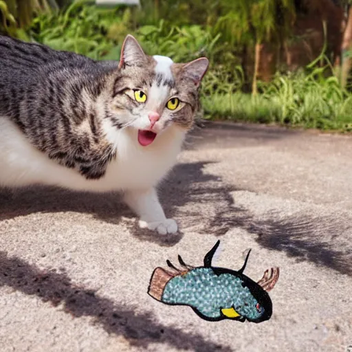 Image similar to A cat mermaid hybrid chasing a puffer fish