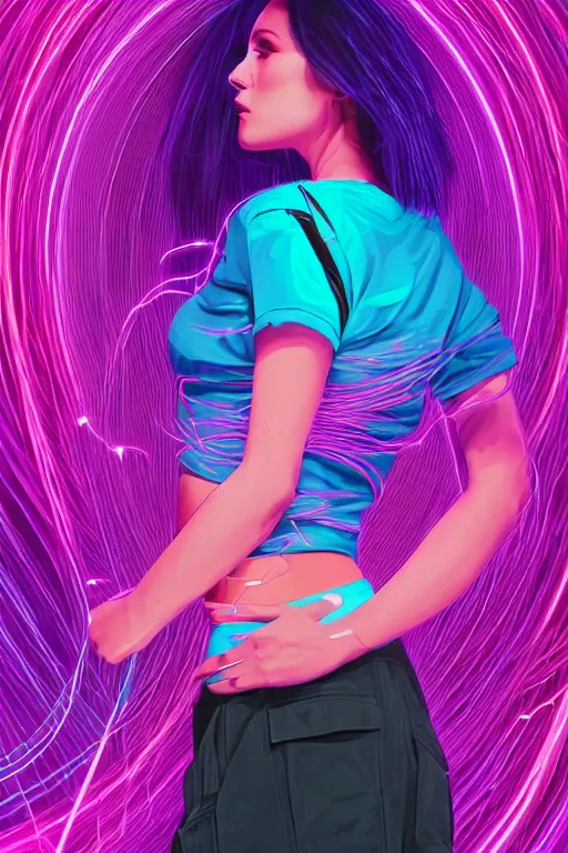 Image similar to a award winning half body portrait of a beautiful woman in a croptop and cargo pants with ombre purple pink teal hairstyle and hands in pockets by thomas danthony, surrounded by whirling illuminated lines, outrun, vaporware, shaded flat illustration, digital art, trending on artstation, highly detailed, fine detail, intricate