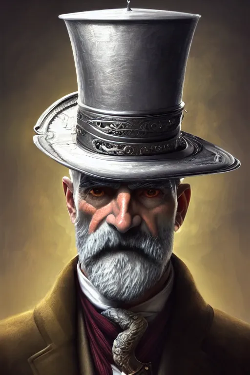 Image similar to silver monocle, portrait of a middle aged grey haired man with a top hat in the style of god of war, golden machine parts, intricate, elegant, highly detailed, digital painting, artstation, concept art, smooth, sharp focus, illustration, art by artgerm and greg rutkowski and alphonse mucha, 8 k