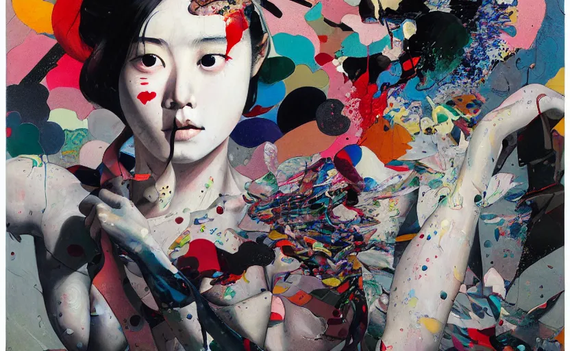 Image similar to decollage painting young japanese actress struggling in a ruined city by adrian ghenie and takato yamamoto and edward hopper and mark ryden and tsutomu nihei, part by bridget riley, acrylic pour and splashing paint, very coherent, baroque elements, perfect anatomy, intricate design. pop art.