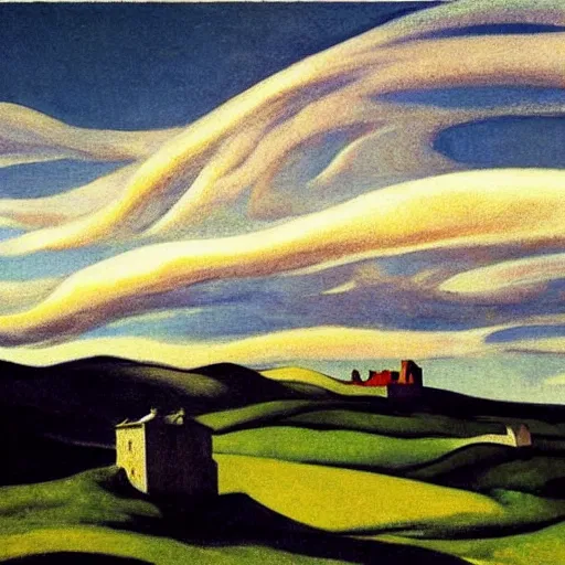 Prompt: dramatic landscape of donegal ireland after the storm, mammatus clouds and lenticular clouds, by edward hopper and giorgio de chirico