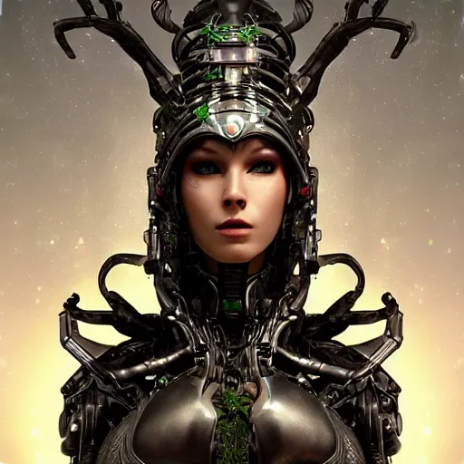 Image similar to mystical evil scifi cyborg android queen with obsidian eyes, wearing an elaborate medieval helmet, in a jungle of subsurface wax tendril leaves, volumetric lighting, realistic concept art, octane render, 8 k, unreal engine, art by todd mcfarlane and artgerm and greg rutkowski and alphonse mucha