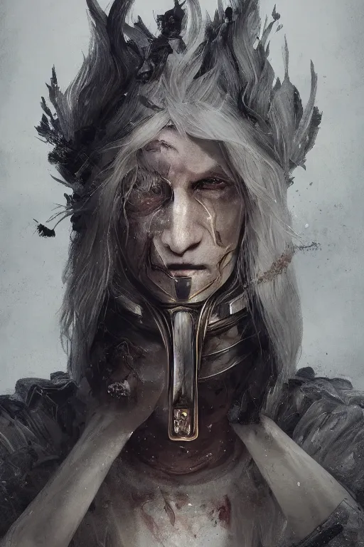 Prompt: a portrait of a toned male automaton with long white hair and pale skin with joints still visible by greg rutkowski, sung choi, mitchell mohrhauser, maciej kuciara, johnson ting, maxim verehin, peter konig, bloodborne, 8 k photorealistic, cinematic lighting, hd, high details, dramatic, dark atmosphere, trending on artstation