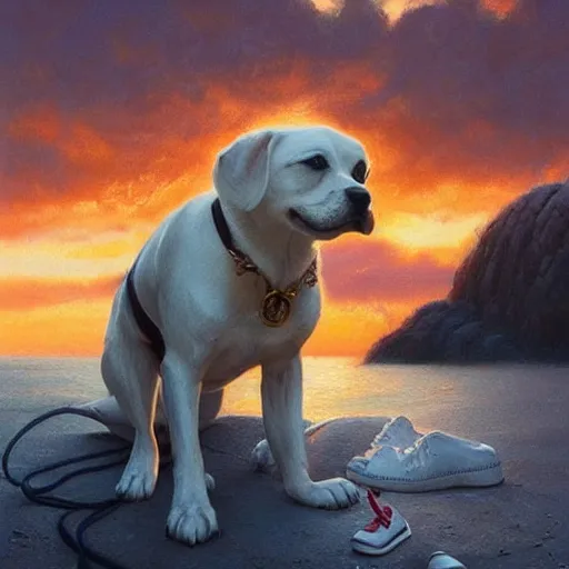 Image similar to a cute dog and a white sneaker shoe with its laces undone, highly detailed, hyperrealistic, sunset in the background, rays of golden sunlight, oil painting by greg rutkowski and artgerm and wlop