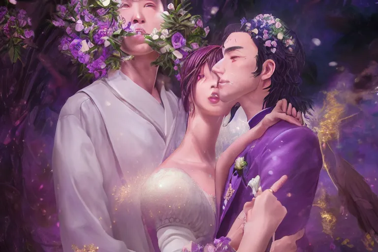 Image similar to a cinematic portrait of wedding photograph jpeg close up moment of a divine a japan sun god and moon goddess lovers magician at a wedding banquet. portraiture. digital painting. artstation. concept art. wedding photo. digital painting, 8 k realistic, hyper detailed, violet evergarden art masterpiece by art by krenz cushart