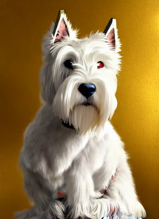 Image similar to a west highland white terrier sitting politely, facing the camera, wearing futuristic, golden armor, and a cannon mounted on his back, portrait, high detail, sharp focus, digital painting, artstation, concept art, art by hayao miyazaki and artgerm and greg rutkowski and alphonse mucha.