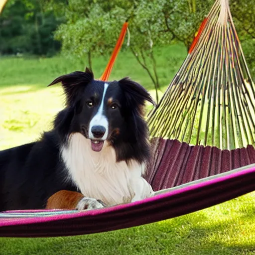 Image similar to brown border collie relaxing in a hammock, drinking hot chocolate