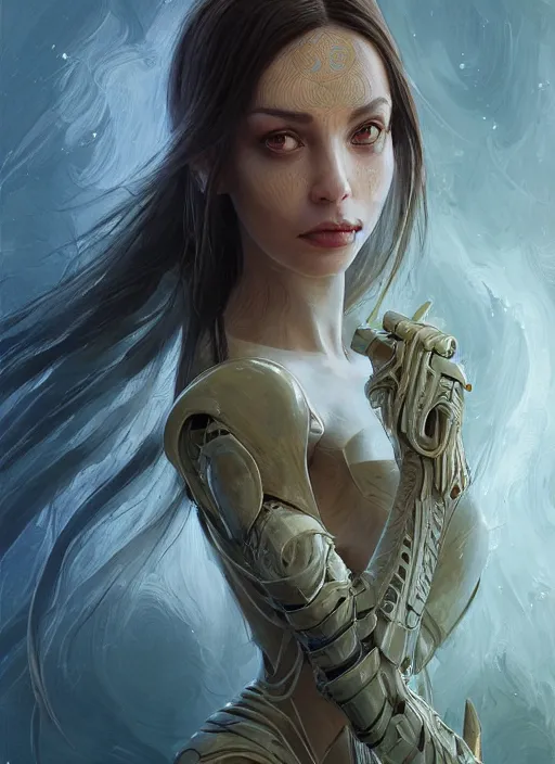 Image similar to a professional painting of a beautiful young female alien, clothed in ethereal armor, olive skin, long dark hair, beautiful bone structure, symmetrical facial features, intricate, elegant, digital painting, concept art, smooth, sharp focus, illustration, from Valerian and the City of a Thousand Planets, by Ruan Jia and Mandy Jurgens and Artgerm and William-Adolphe Bouguerea