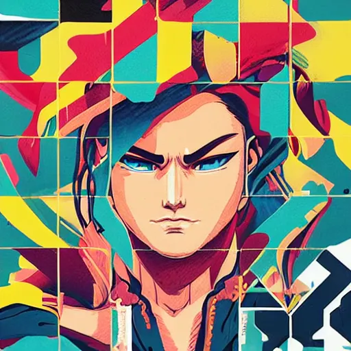 Prompt: Street Fighter 3 profile picture by Sachin Teng, asymmetrical, Organic Painting , adidas, Impressive, Award Winning, Warm, Good Vibes, Positive, geometric shapes, hard edges, energetic, intricate background, graffiti, street art:2 by Sachin Teng:4